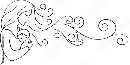 A mother and child depicted in a flowing minimalist line art style