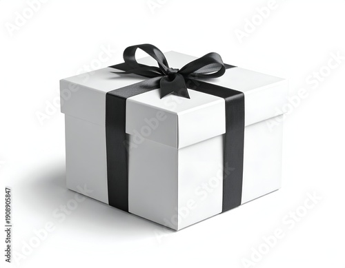 Square, white gift box with a black ribbon tied into a bow on top, casting a shadow