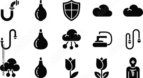 Medical and industrial vector icons set, plumbing pipes and bulb silhouettes, cloud computing symbols, floral tulip graphics, health protection shields,