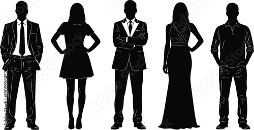 Professional business people silhouettes set, standing male and female corporate figures, elegant formal wear attire, leadership and office teamwork symbols,