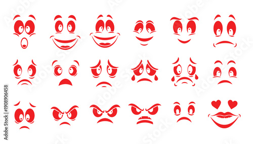 Red Cartoon Facial Expressions Vector Set Showing Emotional Variety