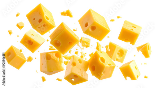 Cubed yellow food product with holes, seemingly mid-air, on black background