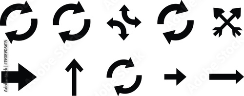 Set of arrow icons for navigation and sync, refresh and reload symbols for interface design, directional pointers and exchange signs,