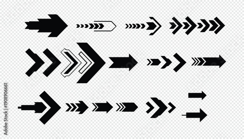 Bold Black Arrows Icon Set for UI, Navigation and Progress Indicators on Transparent Background