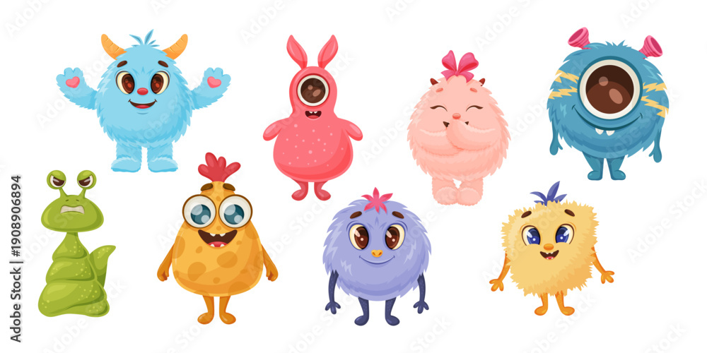 Fototapeta premium set of colorful cute monster characters , diverse shapes and expressions