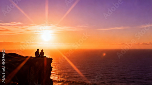 Two people sitting on a cliff edge watching a vibrant sunset over the ocean