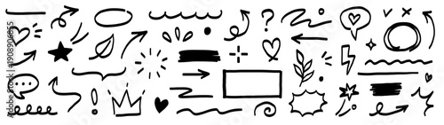 Marker line brush arrow, underline, highlight scribble set. Marker pen line brush hand drawn arrow stroke sketch element shape graphic vector. Doodle underline circle frame icons. Vector illustration