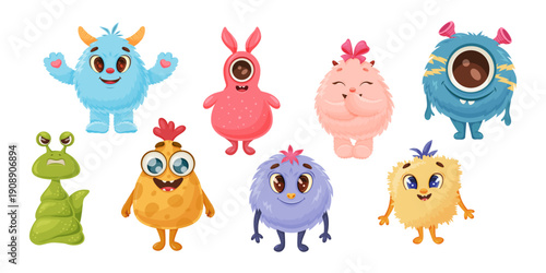 set of colorful cute monster characters , diverse shapes and expressions