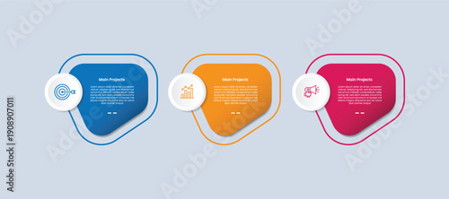 3 points infographic with glossy gradient style with fluid liquid shape with outline outer with circle badge with three segment information