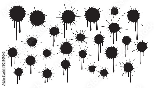 Dark Black Paint Splatter Blots with Drips for Grungy Artistic Backgrounds