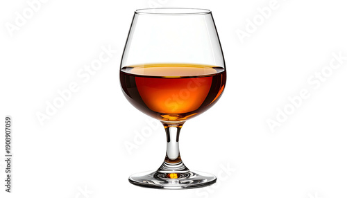A snifter of amber liquid sits against a stark black background, showcasing its contents