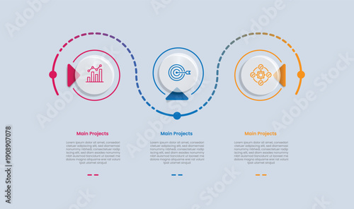 3 points infographic with glossy gradient style with circle and dotted outline line circular up and down with three segment information