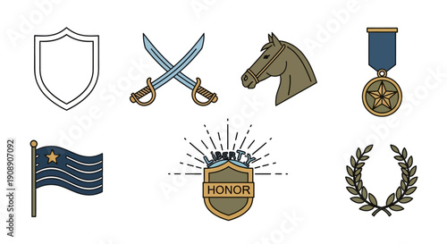 Collection of military and honor-related symbols including a shield, crossed swords, horse head, medal, flag, shield with 'HONOR', and a laurel wreath.