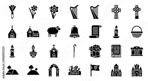 A comprehensive collection of black and white icons representing various cultural, religious, and symbolic elements, including buildings, flora, fauna, and abstract designs.