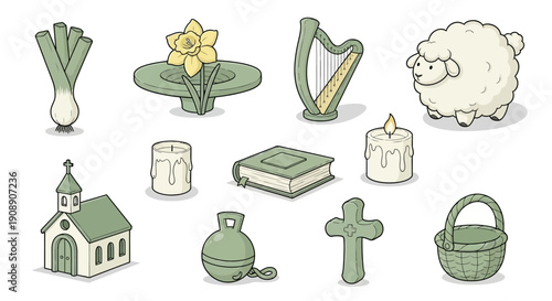 A collection of St. Patrick's Day symbols including a leek, daffodil, harp, sheep, church, candles, book, cross, and basket.