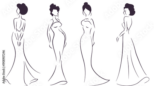 Gown illustration of four women in colorful evening dresses