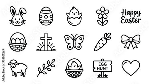 Happy Easter Line Icon Set with Christian Symbols Bunny Eggs and Spring Elements – Easter Campaign Vector Collection