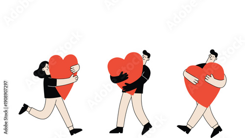 Heart illustration of people holding and carrying big hearts