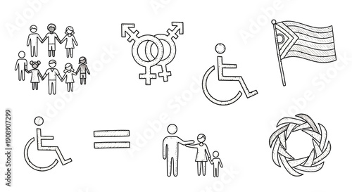 Collection of diverse icons representing social justice, equality, and inclusion, including symbols for gender identity, disability, community, and human rights.