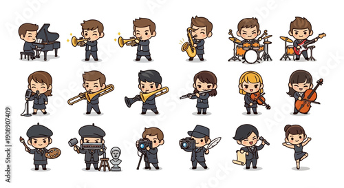 Cute cartoon characters playing various musical instruments and engaging in artistic hobbies like painting, sculpting, and dancing.