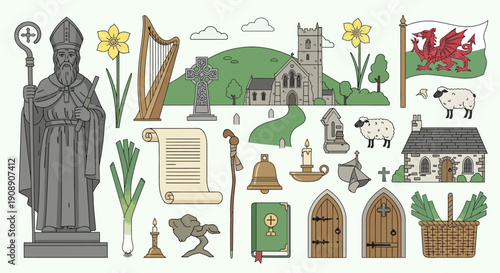 A vibrant collection of Welsh cultural symbols, including St. David, daffodils, a harp, a church, a Welsh flag, sheep, and religious artifacts, set against a green, hilly landscape.