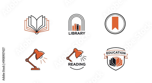 Collection of six stylized icons representing books, reading, libraries, and education, with a warm orange and black color scheme.