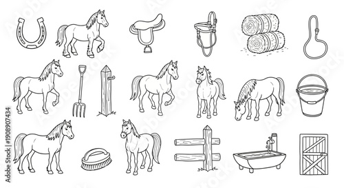 A collection of hand-drawn illustrations featuring horses, farm equipment, and stable elements, presented in a black and white sketch style.