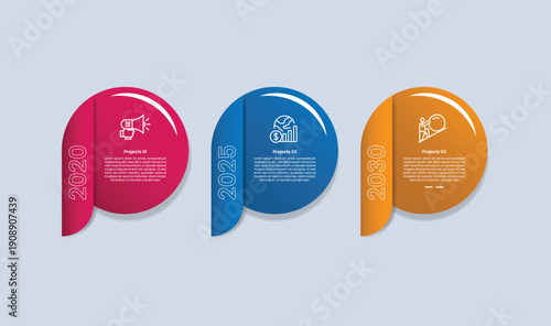 3 points infographic with glossy gradient style with big circle with vertical badge on side with three segment information