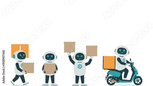 Robots are delivering packages on a scooter and by walking quickly outside