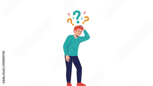 Confused man scratching head with question marks floating above, illustrating doubt or a difficult decision.