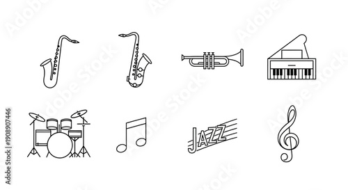 A collection of musical instruments and symbols, including saxophones, a trumpet, a piano, a drum set, musical notes, and a treble clef, presented in a clean line art style.