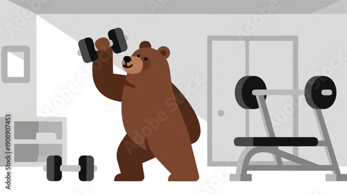 Illustration Of A Bear Lifting Dumbbells In A Simple Home Gym, Enthusiastic Expression, Minimal Fitness Equipment Vector Design Template