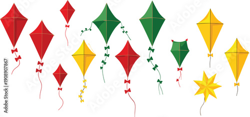 Traditional colorful kite collection vector illustration set with festive flying kites isolated on background for celebration design