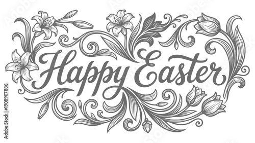 Elegant Vintage Happy Easter Floral Typography Line Art for Easter Campaign Design