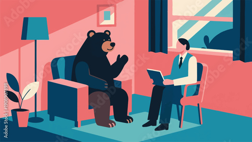 Illustration Of A Bear Sitting Talking To A Therapist In A Comfortable Room, Emotional Support Concept Vector Design Template