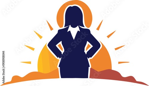 Powerful female silhouette standing confidently against a rising sun symbolizing business ambition leadership and new professional opportunities