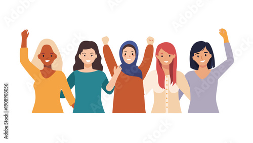Diverse group of happy women standing together with raised arms showing solidarity unity and celebrating their collective strength