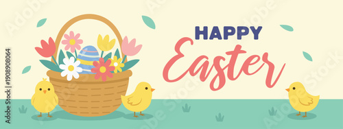 Happy Easter Basket with Flowers, Eggs, and Cute Chicks Illustration