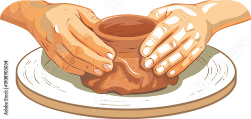 Close up illustration of skilled hands shaping wet brown clay into a ceramic pot while working carefully on a spinning potter's wheel