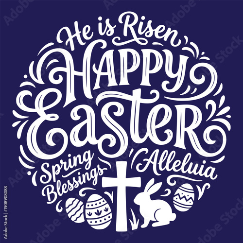 He Is Risen Happy Easter Christian Typography with Cross and Easter Eggs Illustration