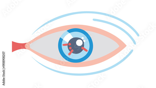 Abstract graphic illustration depicting a stylized human eye examining a microscopic pathogen or virus lodged near the central visual structure
