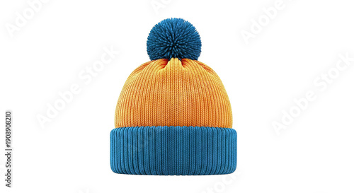Orange and Teal Knit Beanie with Pom-Pom