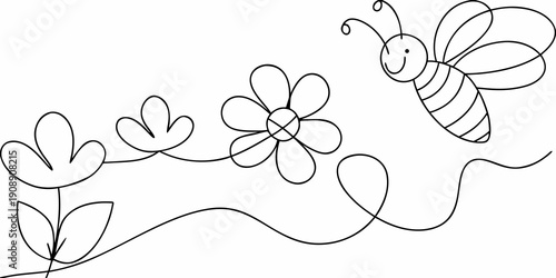 A simple line drawing depicts a bee flying near flowers