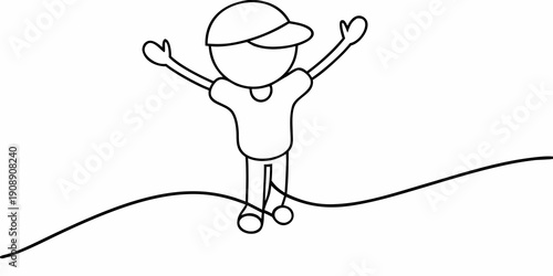 Simple line drawing of a stick figure celebrating with arms raised
