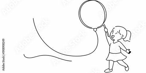 A young girl reaching up to hold a large circular balloon on a string