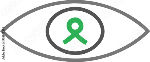 Stylized graphic illustration depicting a watchful eye with a bright green awareness ribbon centered prominently within the dark pupil area.