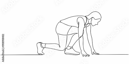 Continuous line drawing of a woman in a starting position for a race