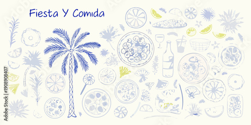 Fiesta y comida a blue toned illustration of tropical food and plants