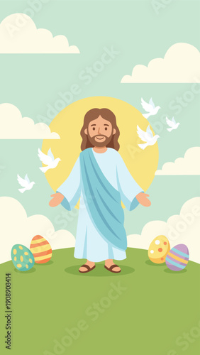 Risen Jesus with Easter Eggs and Doves Christian Easter Celebration Campaign Illustration