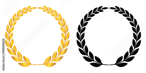 Metallic gold laurel wreath ornament – An elegant circular laurel wreath featuring rich metallic gold tones, ideal for logos, certificates, badges, and luxury visual accents